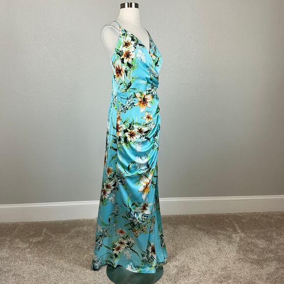 Vince Camuto Backless Floral Satin Sleeveless Maxi Dress Colorful Blue Size 14 - Picture 4 of 13